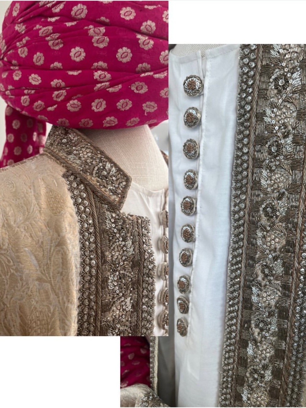 Embroidered beige, & Silver Sherwani Jacket with Pink Turban Accent